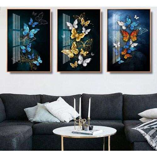 Modern Minimalist Poster Blue Gold Butterfly Picture on Canvas Painting Wall Art for Living Room Home Decor