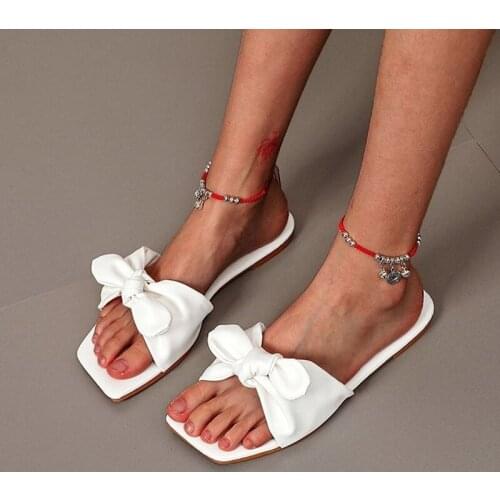 2021 Womens Bow-Knot Slippers Female Square Open Toe Sides Woman Solid Casual Flat Ladies Summer Shoes Women Comfort Footwear