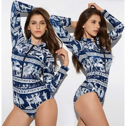 Womens Zip Front Long Sleeve High Neck One Piece Swimsuit Printed Rash Guard Sun UV Protection Swimwear Bathing suits Surfing
