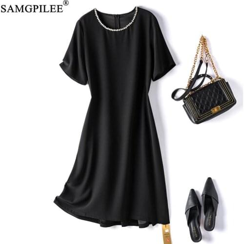 Summer Dress 2021 French Style Retro Beaded Diamond O Neck Knee Length Hem Pleated Acetate Women Black Dresses Plus Size 4XL