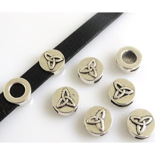 10Pcs Antique Silver Color 10mm Triquetra Trinity Knot Sliders Spacer Beads For 10x2mm Flat Leather Bracelet Jewelry Findings
