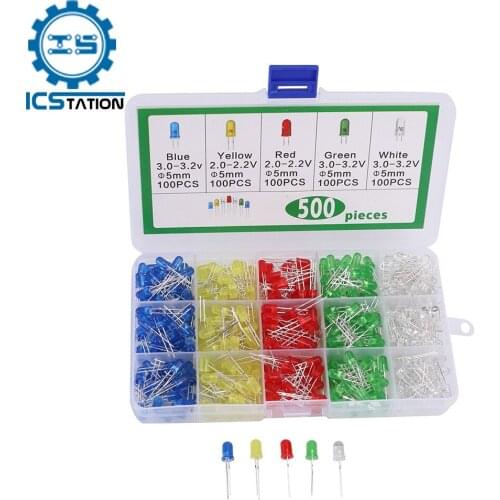 500Pcs 5mm LED Diode Set Anti-Corrosion Plastic LED Light Emitting Diode Blue/Green/Yellow/Red/White LED Chip