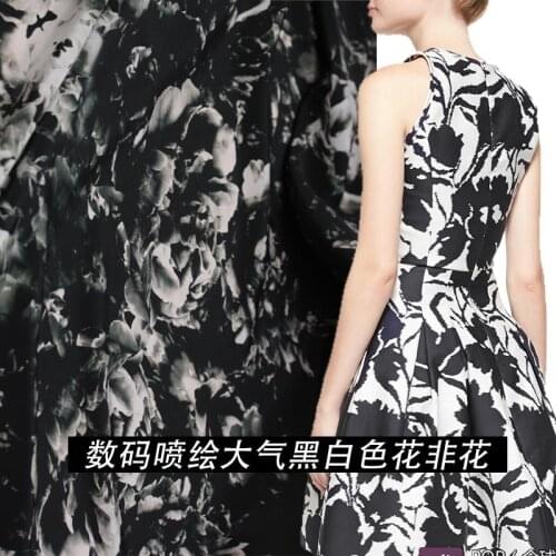 LEO&LIN Summer style 100% Silk crepe de chine atmospheric blackwhite digital printing cloth fabric patchwork (1 meter)