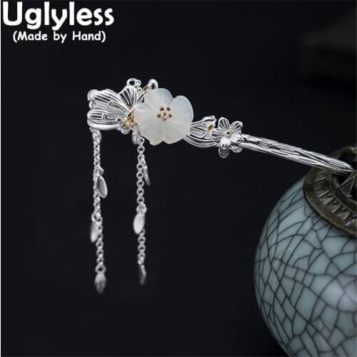 Uglyless Ethnic Silver Leaves Flowers Tassels Hair jewelry for Women Jade Plum Blossom Hair Sticks 925 Silver Butterfly Jewelry