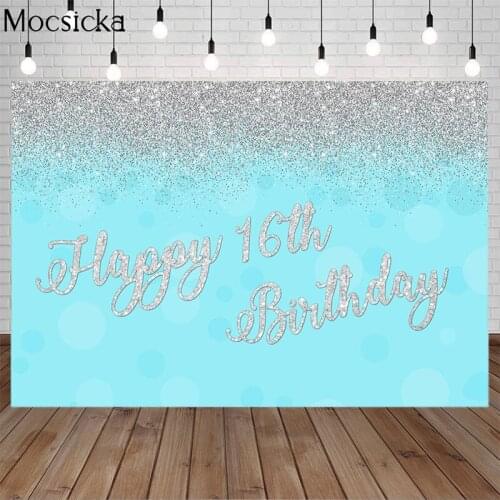 16th Birthday Photo Background Party Banner Decoration Blue Theme Background for Girls White Glitter Props for Photo Studio