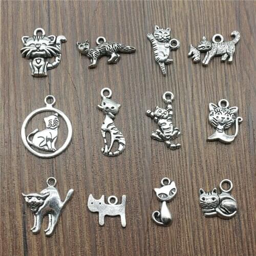 20pcs Cat Pendant Charms Antique Silver Color Small Cat Charms Jewelry DIY Cat Charms For Bracelet Making