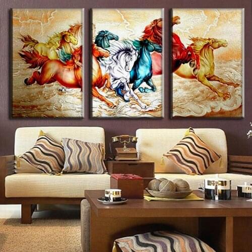 3 Pieces Chinese Style Eight Running Horses Canvas Painting On Wall Realist Animal Wall Art Home Decor For Living Room