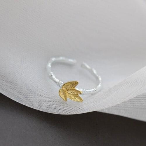 925 Sterling Silver Vintage Bamboo Leaf Opening Adjustable Ring Retro Fashion Tide Flow High Quality
