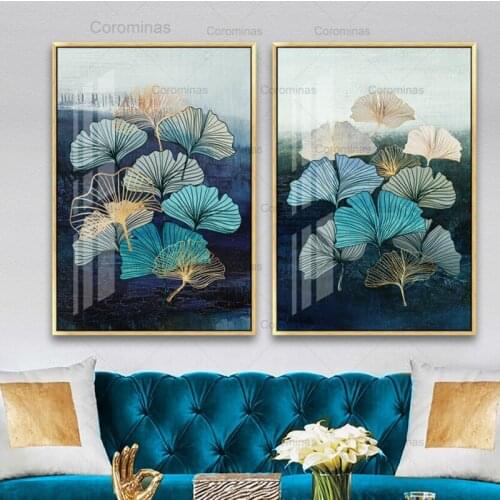 Nordic Canvas Painting Blue Green Yellow Gold Plant Leaf Abstract Posters and Prints Wall Art Modern Living Room Home Decoration