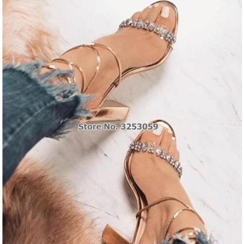 ALMUDENA Women Rose Gold Silver Chunky Heels Sandals Bling Bling Wedding Shoes Lace-up Glitter Crystal Dress Shoes Sequined Pump