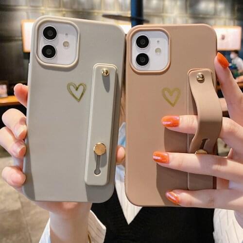 Gold Print Heart Simple Wrist Strap Case for iPhone 12 11 Pro XS Max XR 8 Plus Wristband Holder Solid Color Soft TPU Back Cover