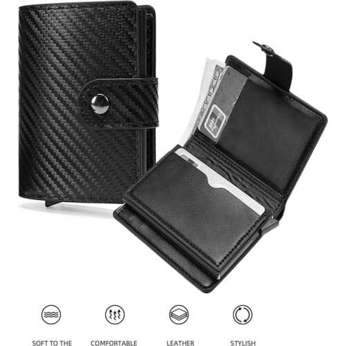 Design Carbon fiber Wallet Metal Box Anti-theft Card Holder Fashion Black Smart Mini Wallet Top Pu Leather Purse For Men & Women