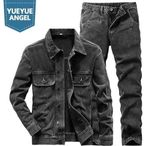 Spring Denim Jacket Jeans Two Piece Set Men Safari Style Washed Vintage Motorcycle Tops Pants Matching Sets Fashion Streetwear