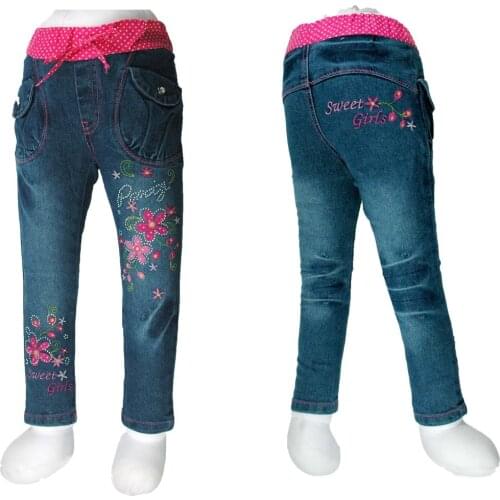 2-6Y Kids Slim Jeans Teens flowers Embroider Rhinestone Female child Trousers girl Capris Denim Pants MH2548