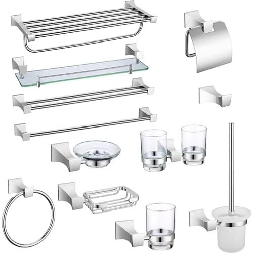 Chrome Polish Towel Rack Bars Ring Hook Square Paper Holder Glass Cup Soap Dish Toilet Brush Wall Mounted Hanger Accessories Set
