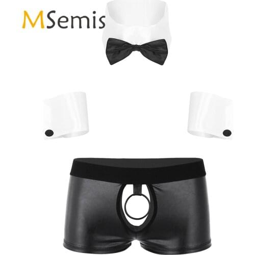Mens Lingerie Collar Cuffs with Faux Leather Cut Out Low Rise Boxer Briefs Underwear Adult Nightclub Stage Dancer Costume Set