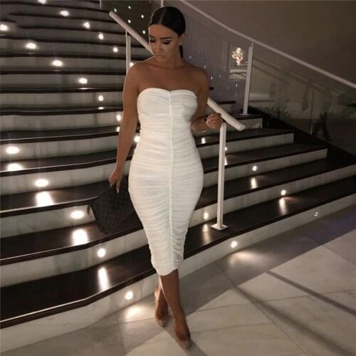 Echoine Summer Strapless Pleated Stacked Midi Dress Women Party Club Dresses Sexy Bodycon Fitness Vintage Vestidos