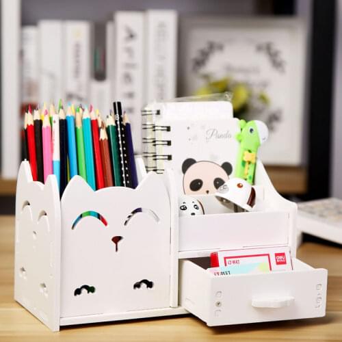 Pen Holder Multi-function 4 Grid Desktop Office School Stationery Storage Case Wood Box Desk Pen Pencil Organizer Phone Holder