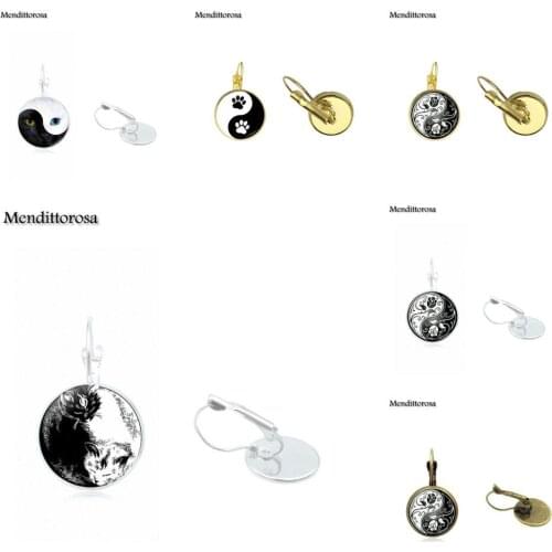 Mendittorosa Ying Yang Taichi Fashion Jewelry Glass Cabochon Bronze/Silver/Golden Clip Ear Hook Drop Earrings Women