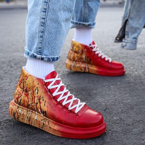 Chekich Mens Boots Red and Yellow Color Splash Pattern Artificial Leather 36-45 Size White Laces Winter Autumn Seasons Ankle Unisex Shoes Women Comfortable Casual Sneakers Fashion Snow Odorless Print Air CH263 V4
