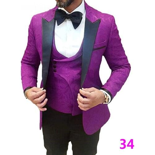 Butterfly Flower Men Suits Groom Tuxedos Shawl Satin Lapel Groomsmen Wedding Suits (Purple Jacket+White Pants+White Vest )
