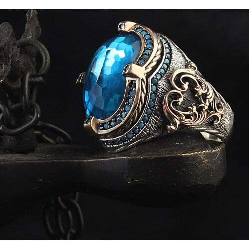 925 sterling Silver Detailed Workmanship Crystal Cut Blue Zircon Men Ring