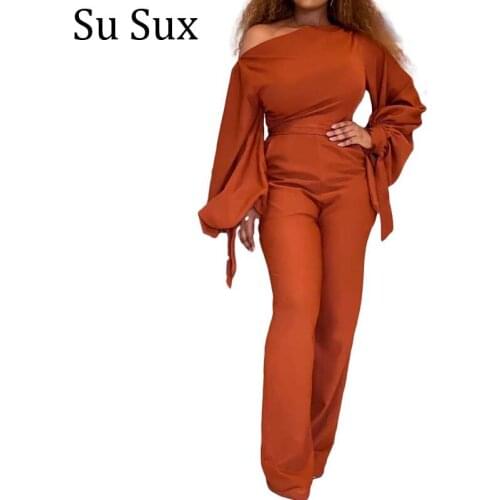 One Shoulder Jumpsuit Women Rompers African Clothes Office Lady Solid Lanter Sleeve High Waist Jumpsuit Vestidos Plus Size 2021