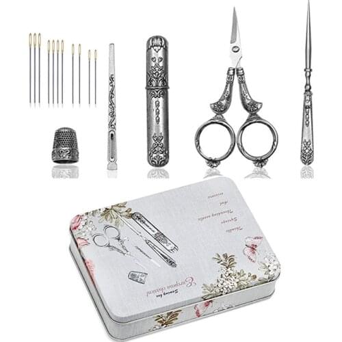 Sewing Tool Set Vintage Scissors/ Needle bottle/ Needles/ Sewing Thimble/ Storage Box Sewing Kits For Needlework