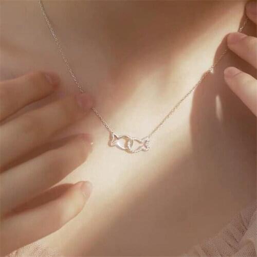 Zircon Kiss Fish Double Rings Necklace for Women Creative Clavicle Chain Female Lover Gift 925 Sterling Silver Accessories SN197