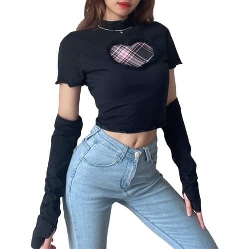 Sexy Girls Tops Crop T-Shirts 2021 Summer Fashion Short Sleeve Pullover Tops Clothes With 2PCS Sleeve Streetwear Black