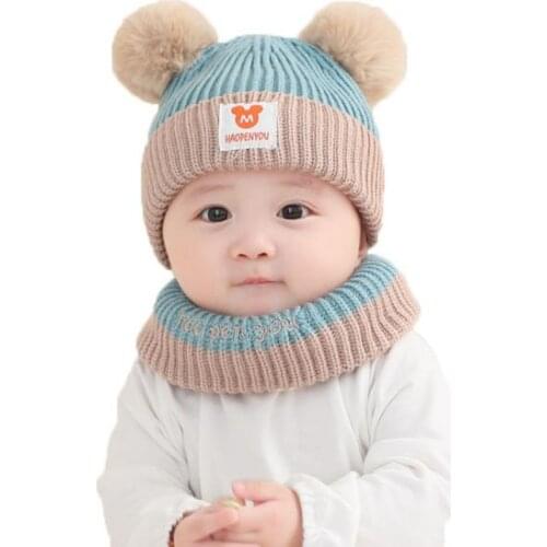 Doitbest 1 to 4 years old baby kids beanie Double fur ball M label Knit hats winter 2 pcs boy girl hat scarf set