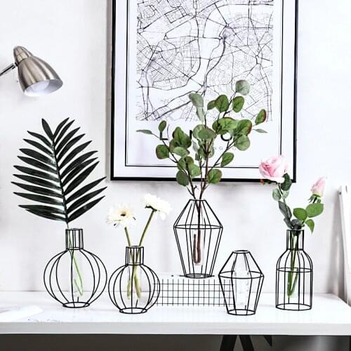 Nordic Iron Vases Retro Iron Line Flower Vase Metal Plant Holder Creative Geometric Glass Plant Shelving Modern Solid Home Decor