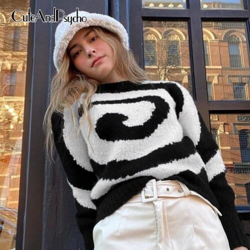 Swirl Print Y2K Grunge Sweaters Autumn Fashion Vintage Chic Pullovers Streetwear Harajuku Loose Knitwear Retro 90s Cuteandpsycho