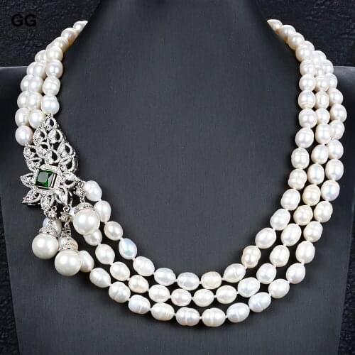 GuaiGuai Jewelry 22" 13mm 3 Strands White Baroque Rice Pearl Necklace Green Crystal CZ Connector For Women