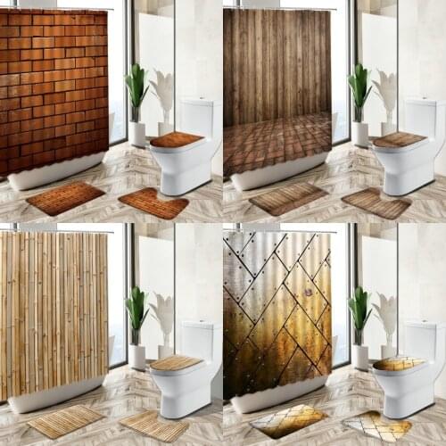Industrial Decoration Shower Curtain Set Retro Wood Board Brick Wall Metal Door Bathroom Non-Slip Carpet Toilet Cover Floor Mat