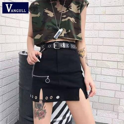 Vangull Vintage Zipper Up High Waist Harajuku Bust Metal Chain Black Solid A-line Mini Skirt Street wear Female Party Outfits