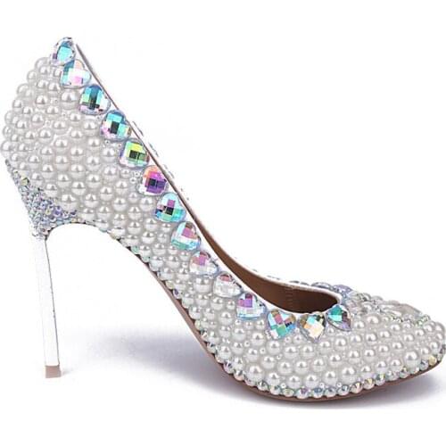 Womens Platform Shoes Rhinestone Thin Heels Bridal Shoes Silver Stiletto Heel White Pearl Wedding Shoes Comfortable Party Shoes