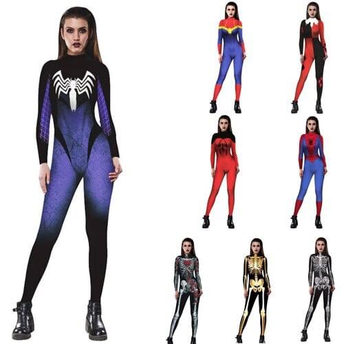 Womens Halloween Cosplay Costume Jump Suit Zentai Spandex Fancy Skeleton Catsuit