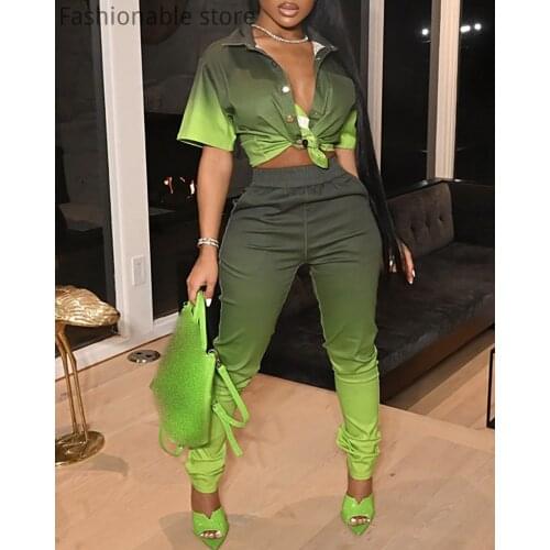 Autumn Winter Pans Two-Piece Suit Women Gradient Short Sleeve Shirt And High Waist Pants 2 Piece Set Outfits