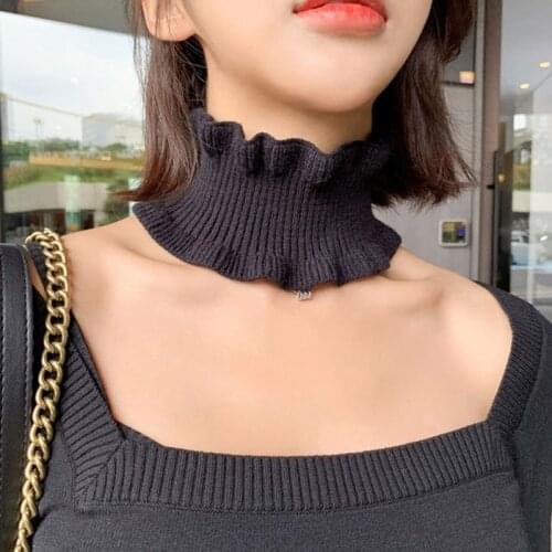 Women Winter Neck Warmer Ribbed Knit Ruffles Trim Solid Color Choker Fake Collar