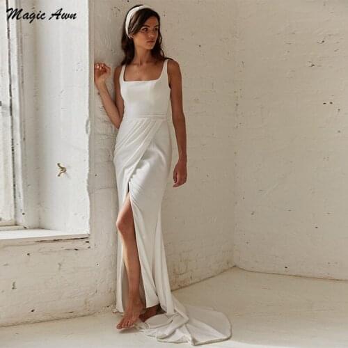 Magic Awn Boho Satin Mermaid Wedding Dresses Side Split Backless Simple Beach Mariage Gowns Sweep Train Cheap Abito Da Sposa