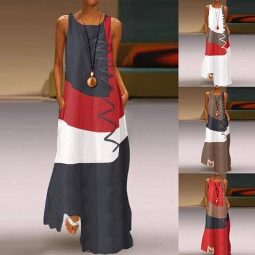 Plus Size S-4XL Women Vintage O Neck Sleeveless Color Block Wavy Line Pockets Long Loose Dress Vestidos Female