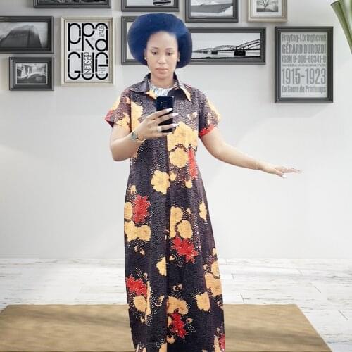 Muslim Sets flower Pattern Printing Shirt Collar Abaya Dubai Dress Lady Party European Clothes American Clothing Loose Robe