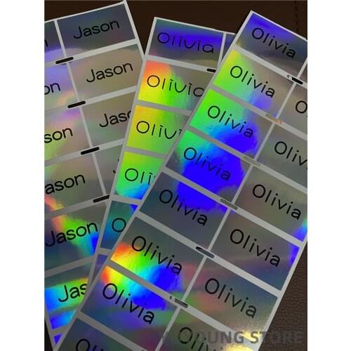 100Pcs big size 50x30mm(1.96x1.18in) Silver Laser Personalized Tag Stickers Customize Waterproof custom for logo/kids/Manicure