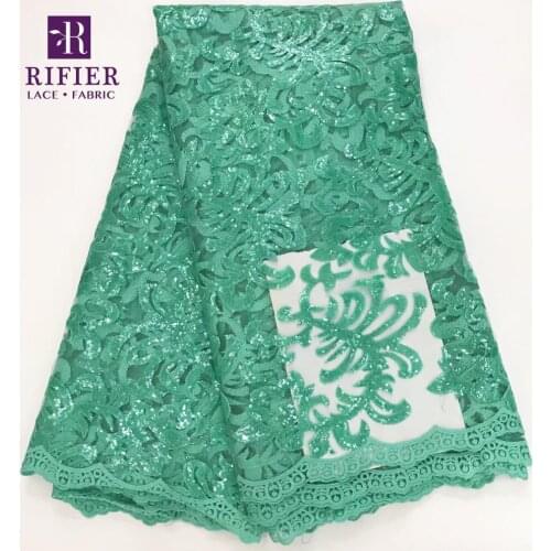 2019 High Quality Mint Green Sequined Embroidery Milk Silk Lace Fabric African Nigeria Net Sequins Cord Lace Wedding Swiss Voile