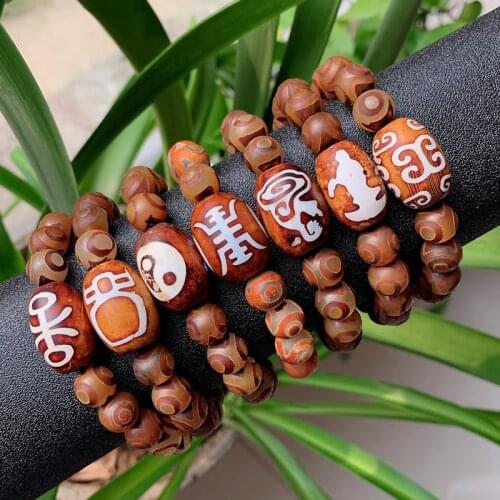 Big Round Beaded Natural Tibetan Dzi Agates Bracelet for Men Women Guanyin Three Eye Coffee Agat Stone Bracelet Healing Jewelry