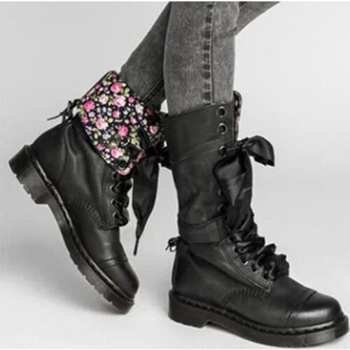 Floral Motocycle Booties Women Boots Female PU Leather Ankle Boots Square Heel Martin Boots Autumn High-top Vintage Women Shoes