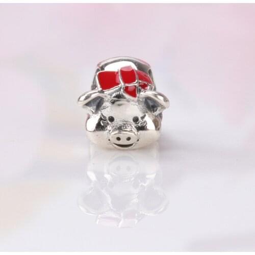 DoDoFly Real 925 Sterling Silver Christmas Drop oil zodiac pig red bow beads Fit Original Bracelet&Bangle Jewelry
