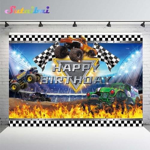 Truck Backdrop for Baby Boys Birthday Party Photography Background Blaze Flag Big Wheels Light Terrain Race Cars Photo Booth