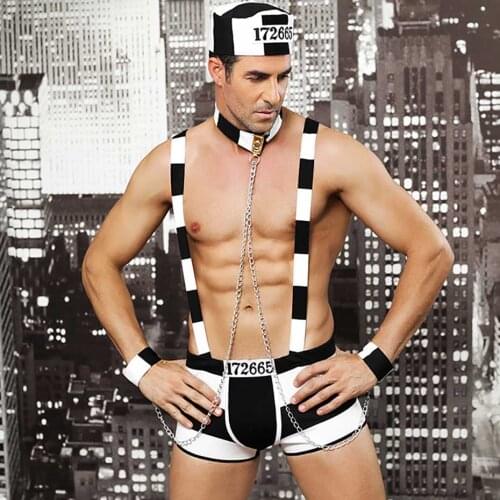 JSY Sexy Mens Bodysuit Lingerie Prisoner Uniform Cosplay Sexy Hot Erotic Chain Catsuit Sex Role Play Lingerie Porno Costumes
